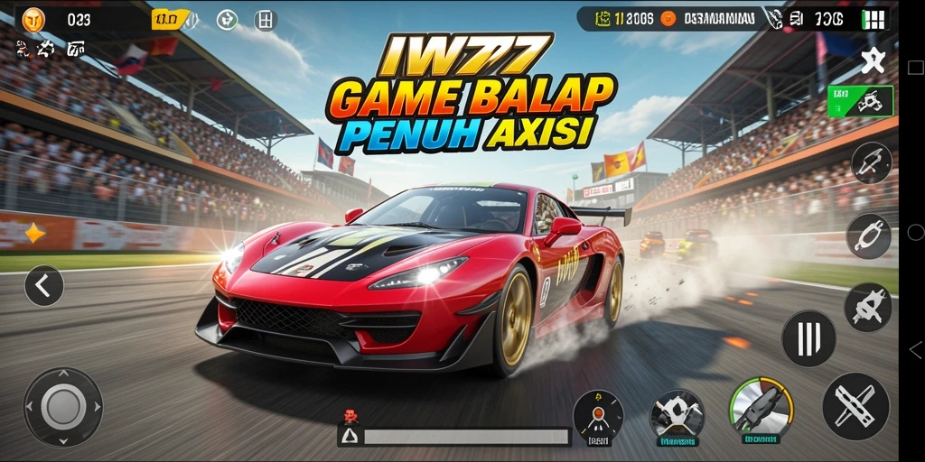 Screenshot utama IW777 menampilkan aksi balap seru dengan mobil yang melaju cepat.