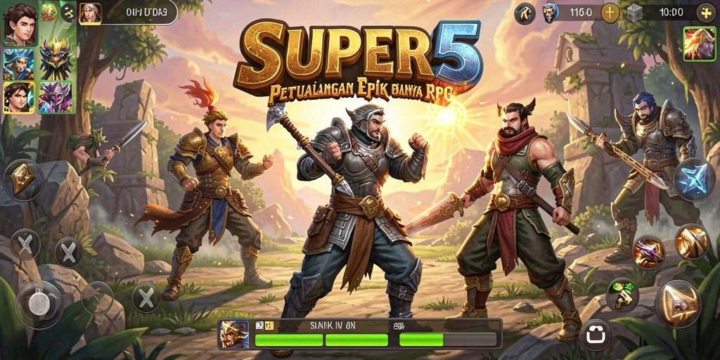 Tampilan gameplay epik dalam SUPER5 menampilkan pertempuran mendebarkan dan eksplorasi dunia.
