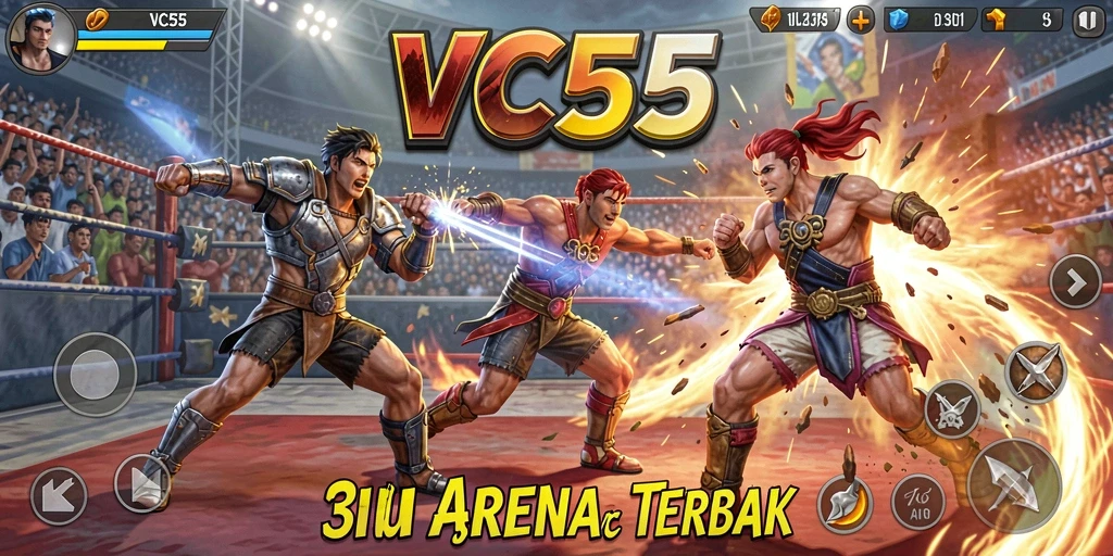 Screenshot VC55 menampilkan aksi pertarungan epik dan karakter dengan gaya unik.